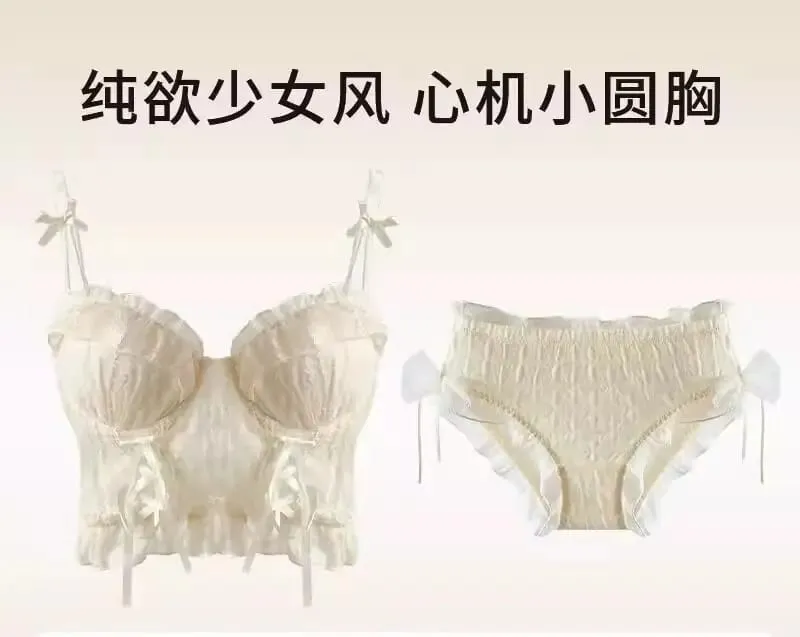 Dolce volant set reggiseno di pizzo donna piccolo busto push up maglia incrociata con spalline puro delicato quotidiano intimo morbido lingerie 2 pezzi 32-38AB