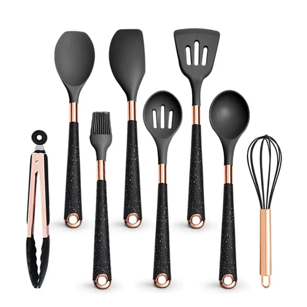 Silicone Cooking Utensils Set Non-Scratch Non-Stick Heat Resistant Spatula Spoon Rose Gold Handle With Bucket Kitchen Gift — image 21
