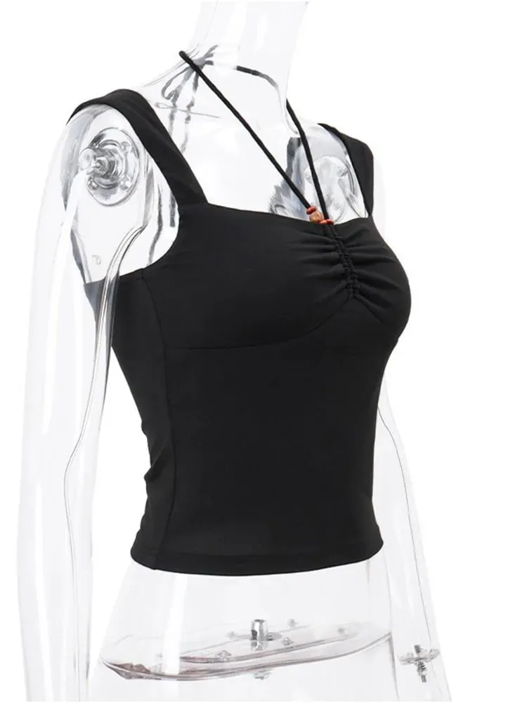 Vintage Black Square-neck Halter Tank Top Sexy Slim Pleated Backless Summer Crop Tops 2024 Women Sleeveless Bodycon Vest — image 5