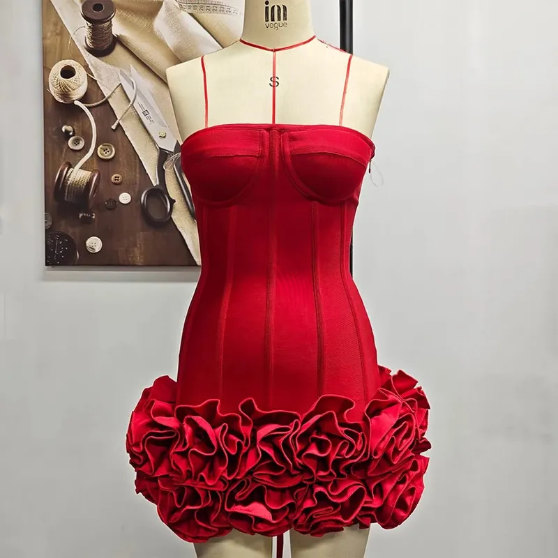 VC Christmas Dress Strapless Backless Red Structured Floral Embellished Mini Length Bodycon Celebrity Party Cocktail Dress — image 9