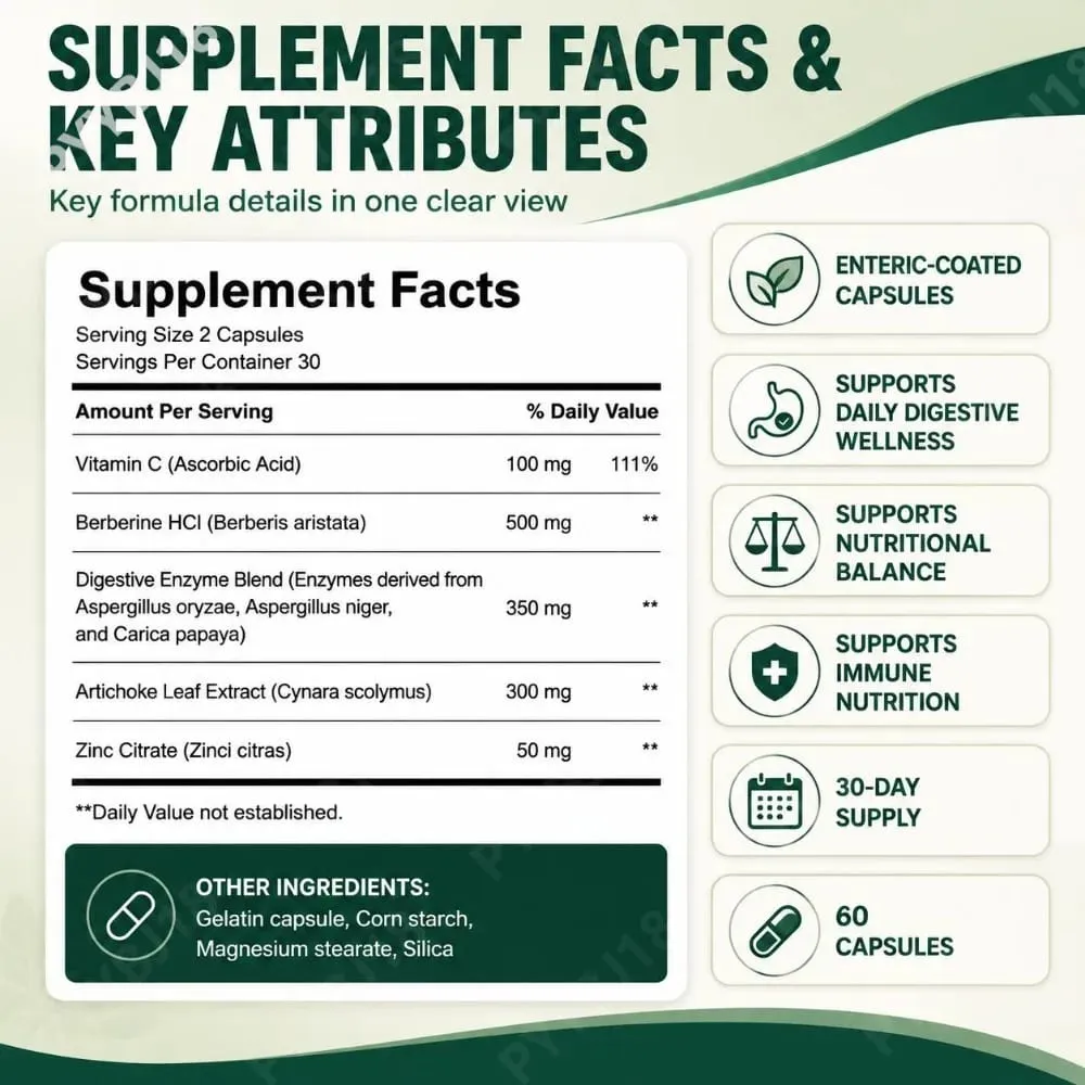 Docteat Gut Health Supplement Capsules with Berberine HCl Digestive Enzymes for Digestive Wellness & Immune Support 60 Capsules — image 3