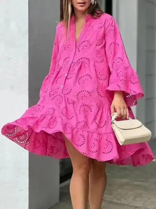 Customizable Summer Loose Vintage Solid Lace Dress Fashion V-neck Flare Sleeve Embroidery Dress — image 6