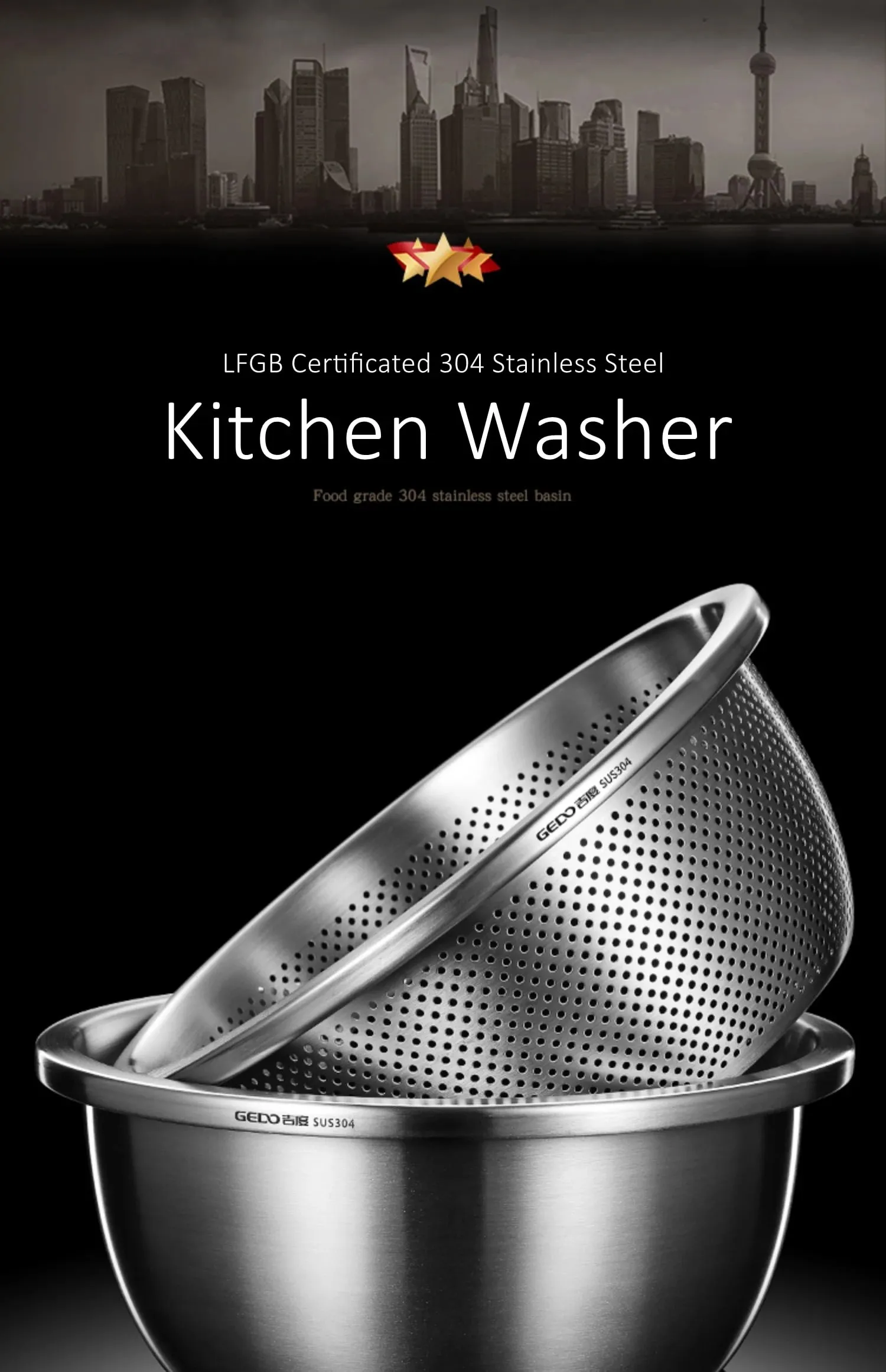 LFGB Certification 304 Stainless Steel Kitchen Washer Integrated Molding Ultra Thick Fruit Washer with 2mm Fine Pores Colander — image 8