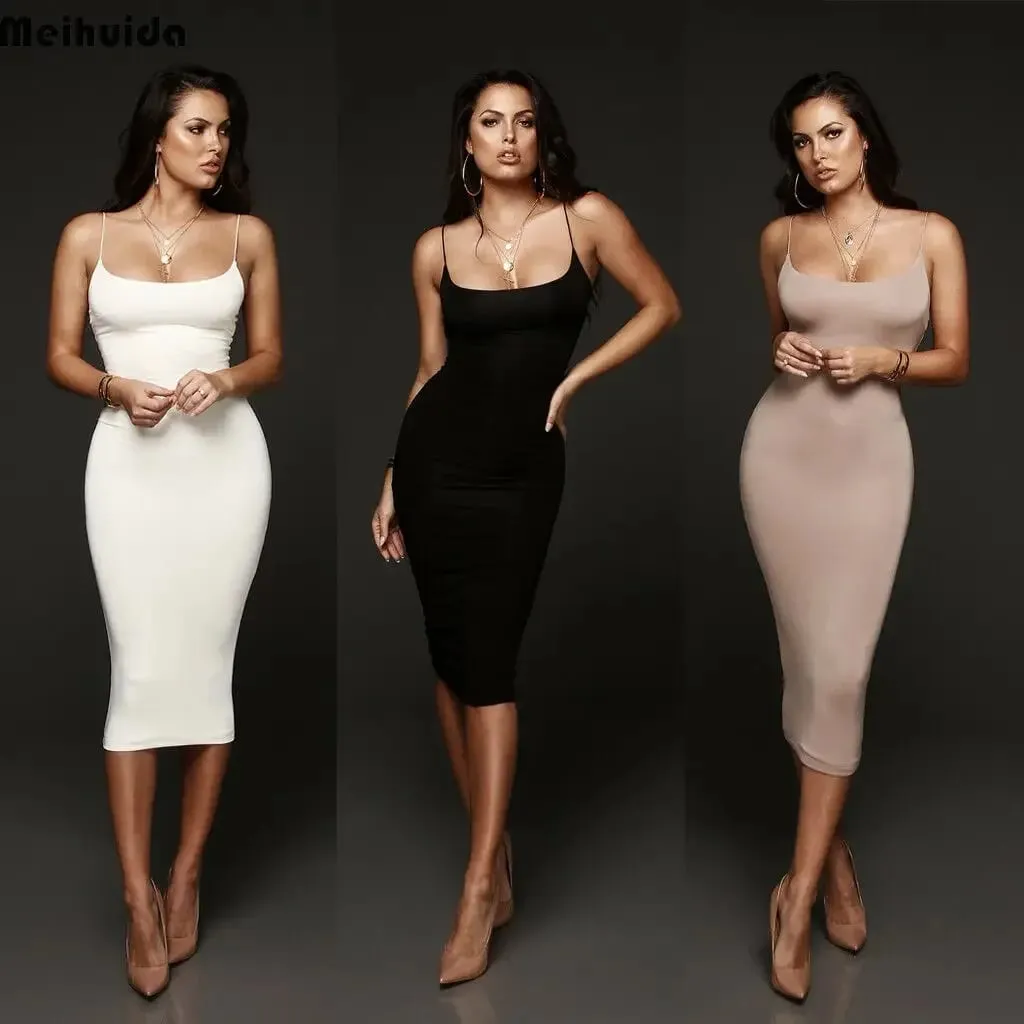 Combhasaki Sexy Summer Women's Sleeveless Thin Shoulder Straps Deep O Neck Evening Party Clubwear Solid Color Midi Bodycon Dress — image 2