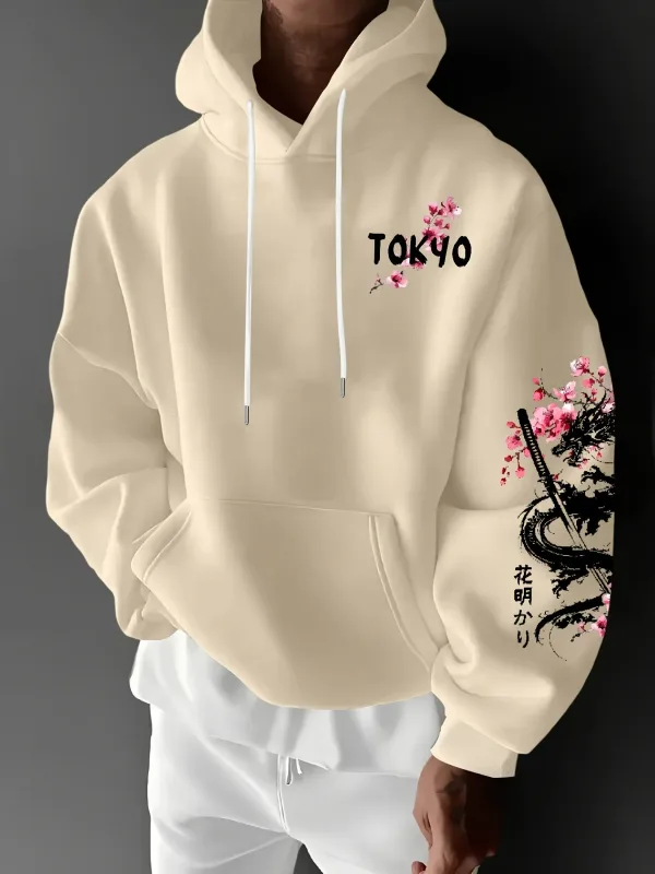 Felpa con cappuccio stampata con stampa Dragon Cherry Blossom da uomo in pile invernale caldo casual con cappuccio dal design ispirato al comfort di strada