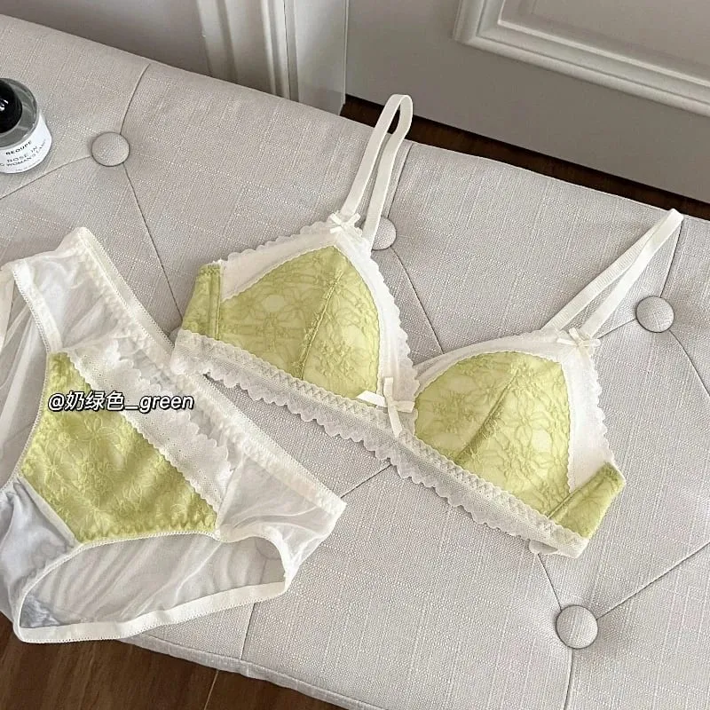 Japanese Style Bralette for Small Breasts Wireless Lace Bra Set Women Sexy French Breathable Comfort Push Up Underwear — image 10