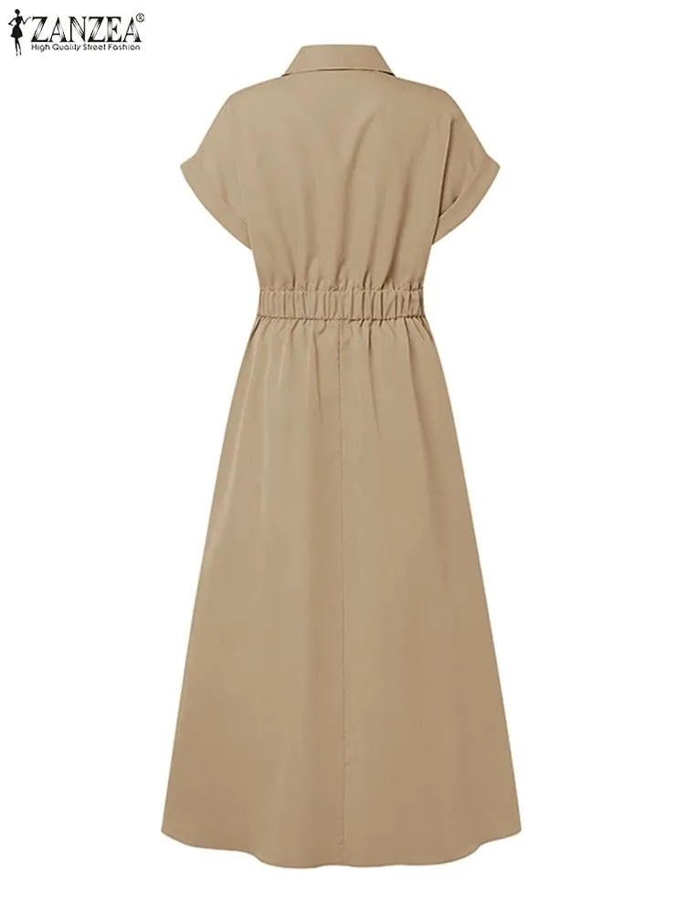 Elegant Chic Women Long Dresses Casual Short Sleeve Collared High Waisted Casual & Day Shirt Dress Solid Color S-3XL — image 4