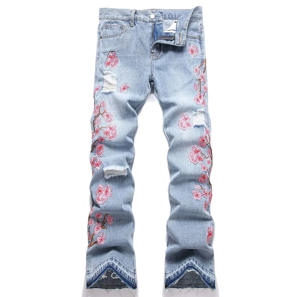 Men Sakura Embroidery Denim Jeans Streetwear Boot Cut Pants Released Hem Flared Trousers with Ripped And Cherry Blossom Design — image 5