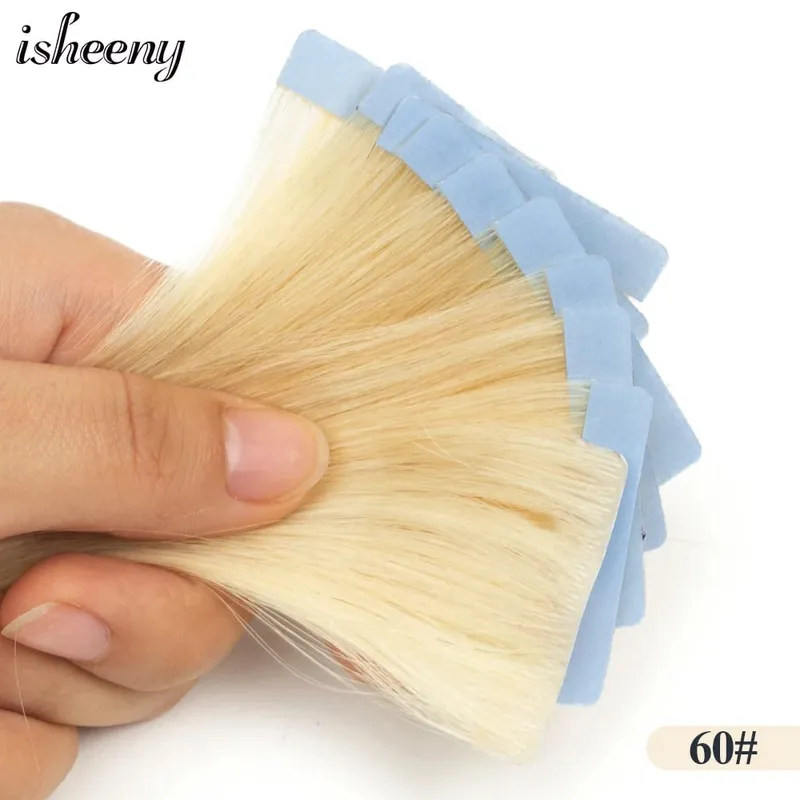 Isheeny Invisible Tape In Hair Extensions 12" 16" 20" Skin Weft Tape Ins 10ks Natural Straight Machine Made Remy Human Hair