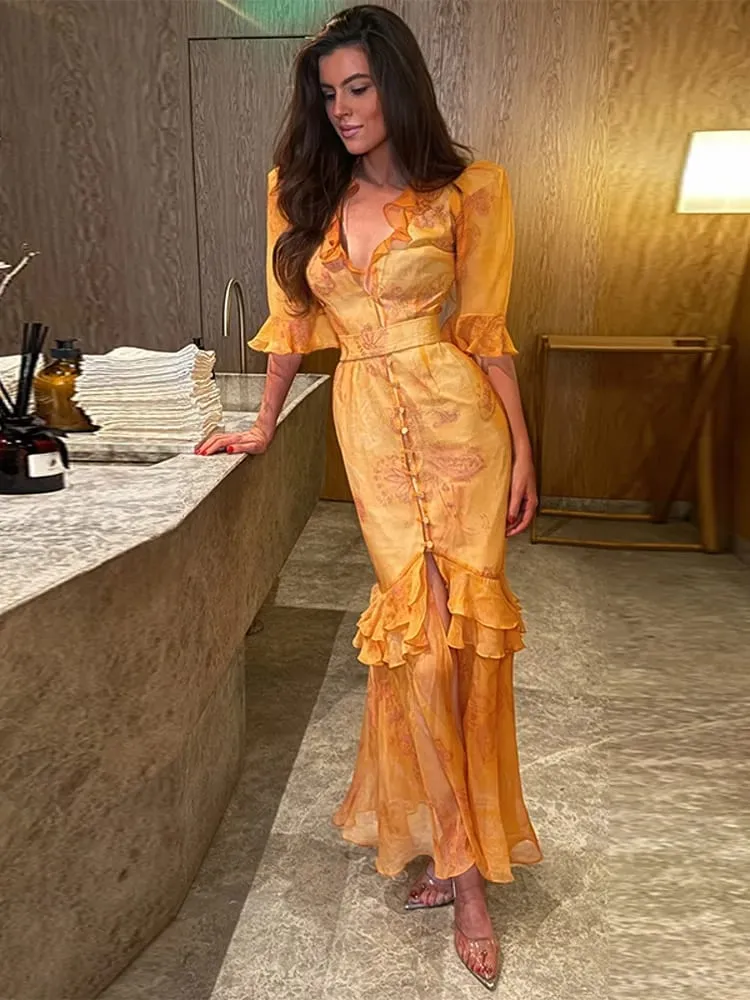 Eleganckie wzburzyć damskie długie sukienki V Neck pół guzik na rękawie wyszczuplająca talia plisowana sukienka 2026 wiosna Lady Fashion Party szaty — image 5