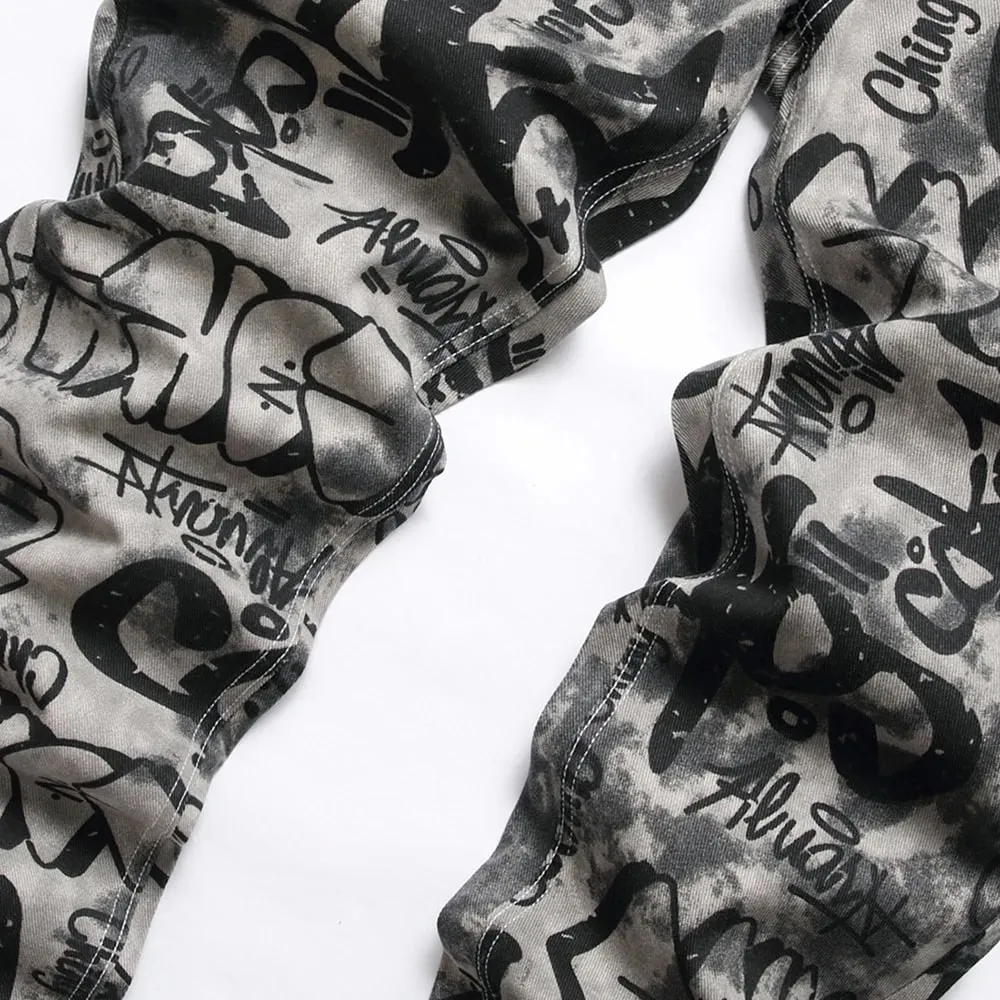 Men Graffiti Print Jeans Fashion Painted Stretch Cotton Denim Pants Slim Straight Trousers — image 4