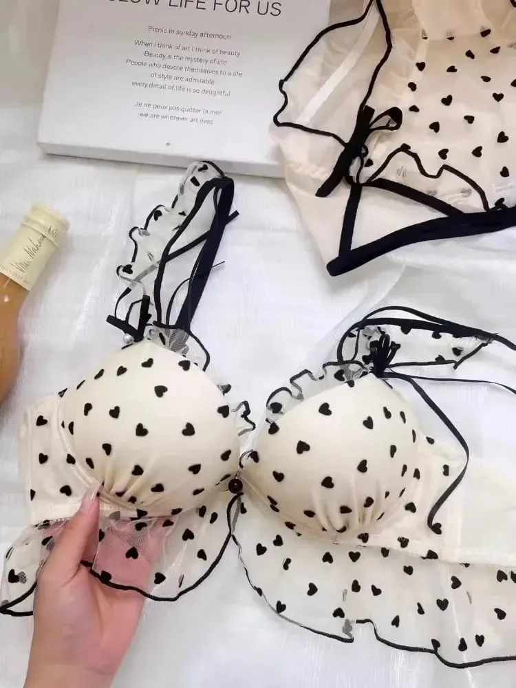 Simple Light Luxury Love Printed Lace Underwear Set Women's Small Breasts Gather Sexy Pure Desire Sweet Bra Cute Bra — image 3