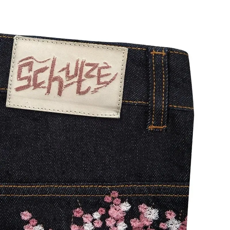 Y2K Harajuku jeans Goth vintage plum blossom embroidery pattern wide leg pants men women denim fabric American style street wear — image 6