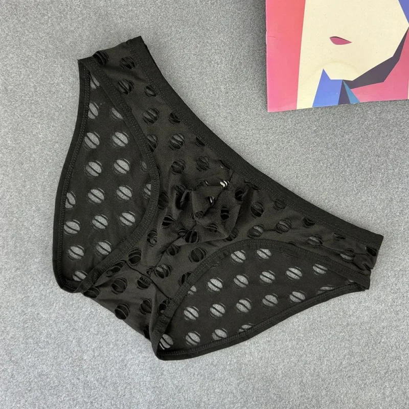 Big Hole Breathable Mesh Men's Sexy Transparent Underwear Personality Low Waist Elastic Male Briefs Solid Hollow Out Lingerie