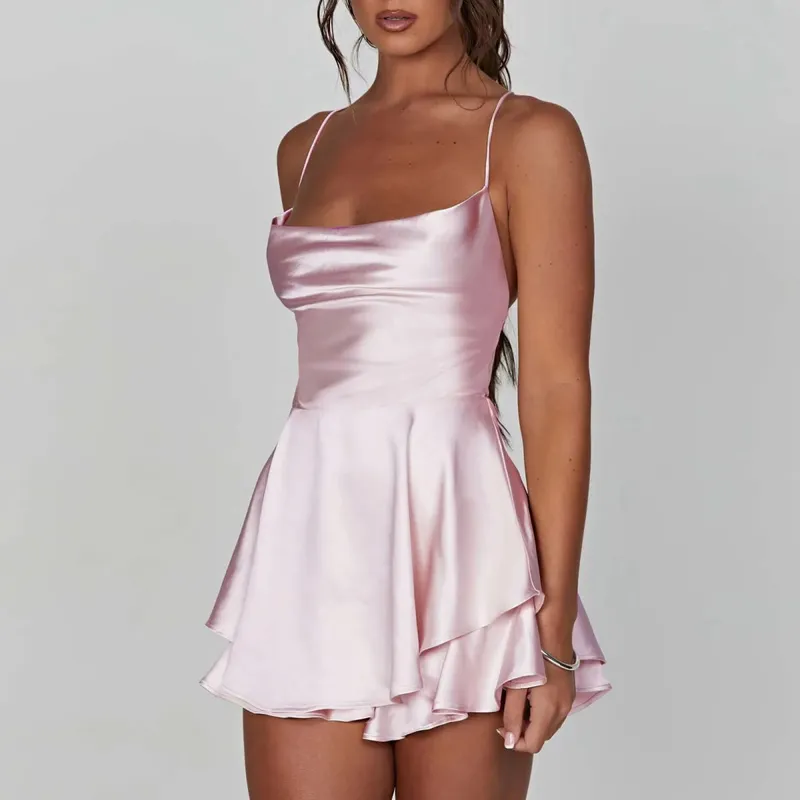Satin soie femmes Sexy Cami combishorts robe solide col bénitier sans manches combinaisons courtes été croix cravate dos nu barboteuse — image 8