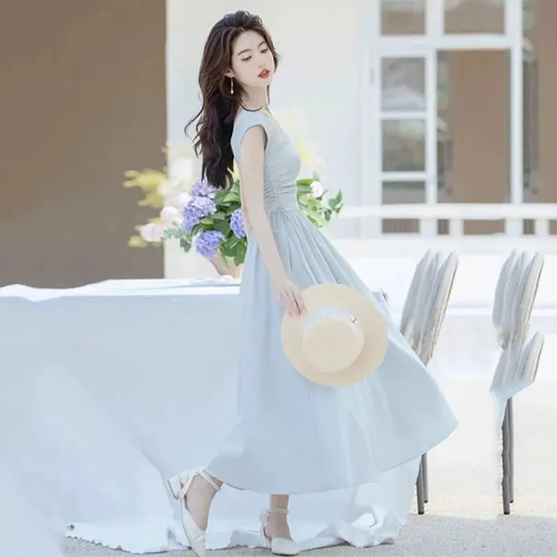 French Style White Suspender Dress Woman Korean Chic Drawstring High Waist Long Dresses Summer Sleeveless Square Collar Dress — image 6