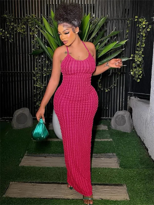 Kliou Solid Ruched Spaghetti Strap Bandage Maxi Dress Women Casual Sleeveless Backless Bodycon Ladies Party Streetwear Dresses — image 9