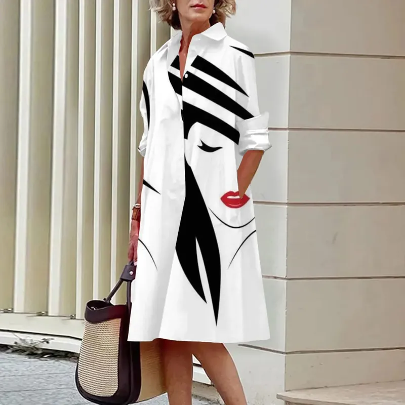Women's Long Work Dresses Turtleneck High Waist Tie Button Face Pattern Printed Shirt Dresses Button Loose Spring and Summer