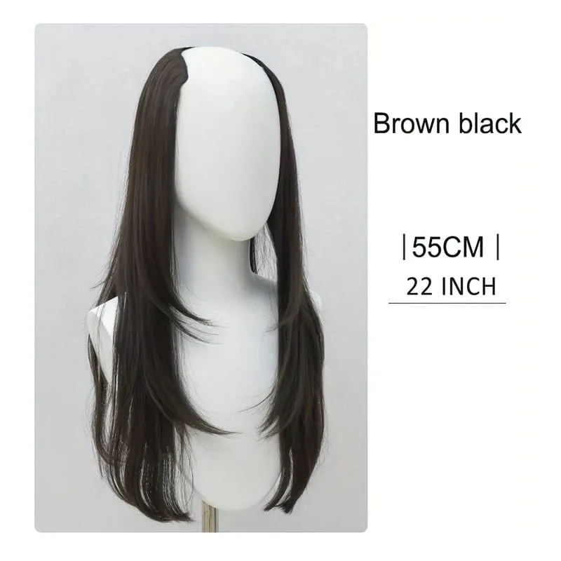 22Inch Synthetic Hair Extensions Blends Well Long Layered Straight Wavy V-Shaped Hairpieces Brown Hair Extension
