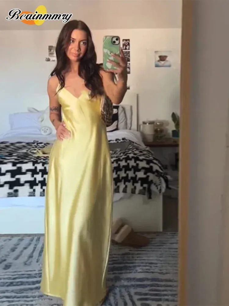 Żółta satynowa dekolt w szpic śpiewać długie sukienki moda damska Backless bez rękawów Maxi szaty moda kobiece suknie wieczorowe do klubu na imprezę — image 3