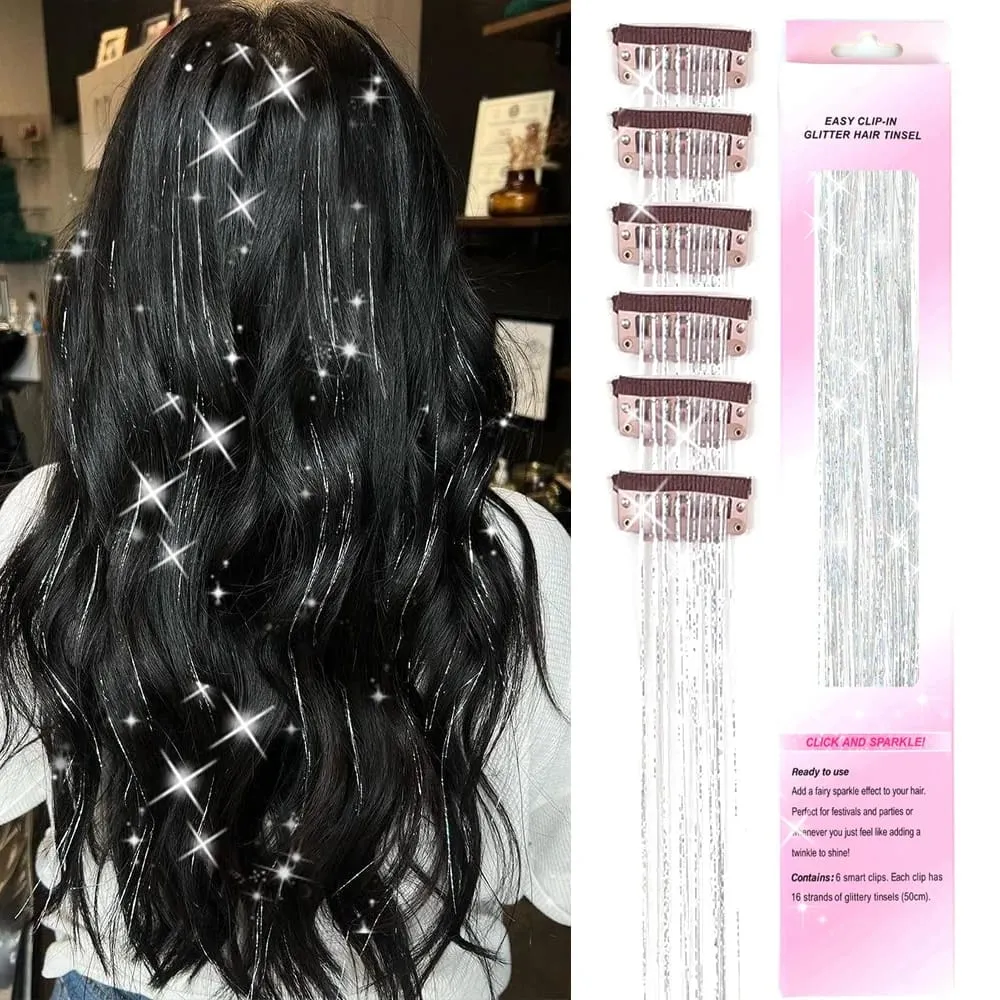 Balení 6ks Clip In Tinsel do vlasů 20palcový barevný třpytivý Tinsel Prodlužování vlasů Festivalový dárek Tinsel Fairy Hairpiece