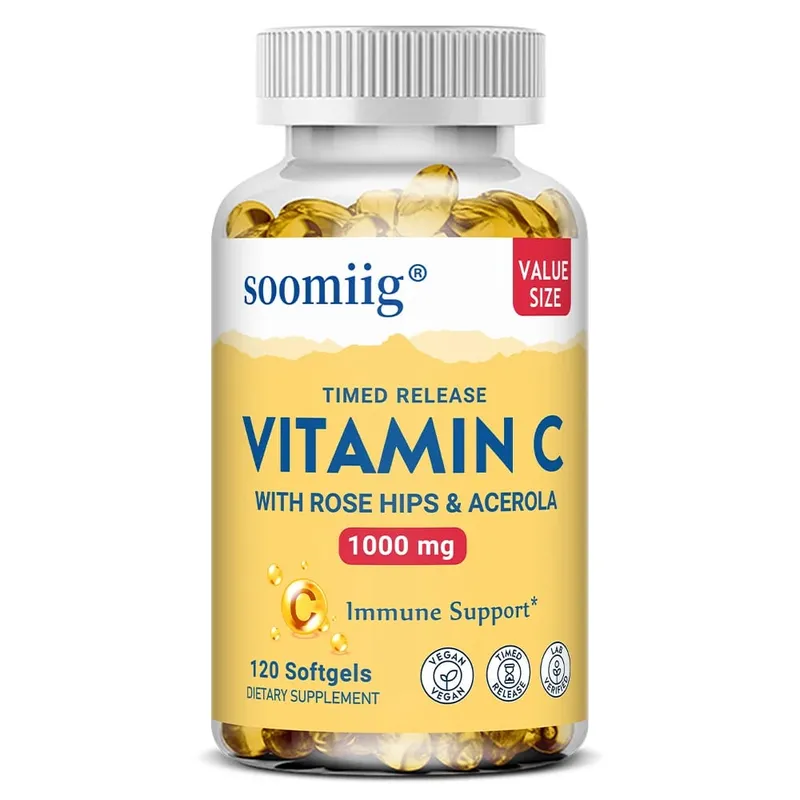 Vitamin C W/Rose Hips & Acerola | 1000mg | Two-Stage Timed-Release Healthy Immune Function Skin Hair & Nails Support | Non-GMO