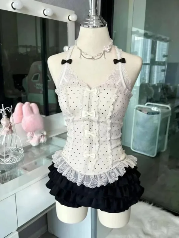 French Style Sweet Cute Polka Dot Splicing Dress Lace Bow Korean Fashion Dresses New Design Slim Waist Lady Y2k Mini Dress — image 6