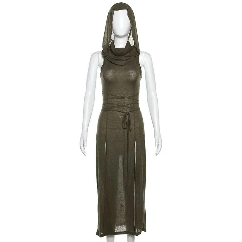 Goth Dark Cyber ​​Gothic Desert Walker Šaty s kapucí Y2k Punk Grunge Duté Midi Šaty Ženy Sexy Split Side Solid Streetwear