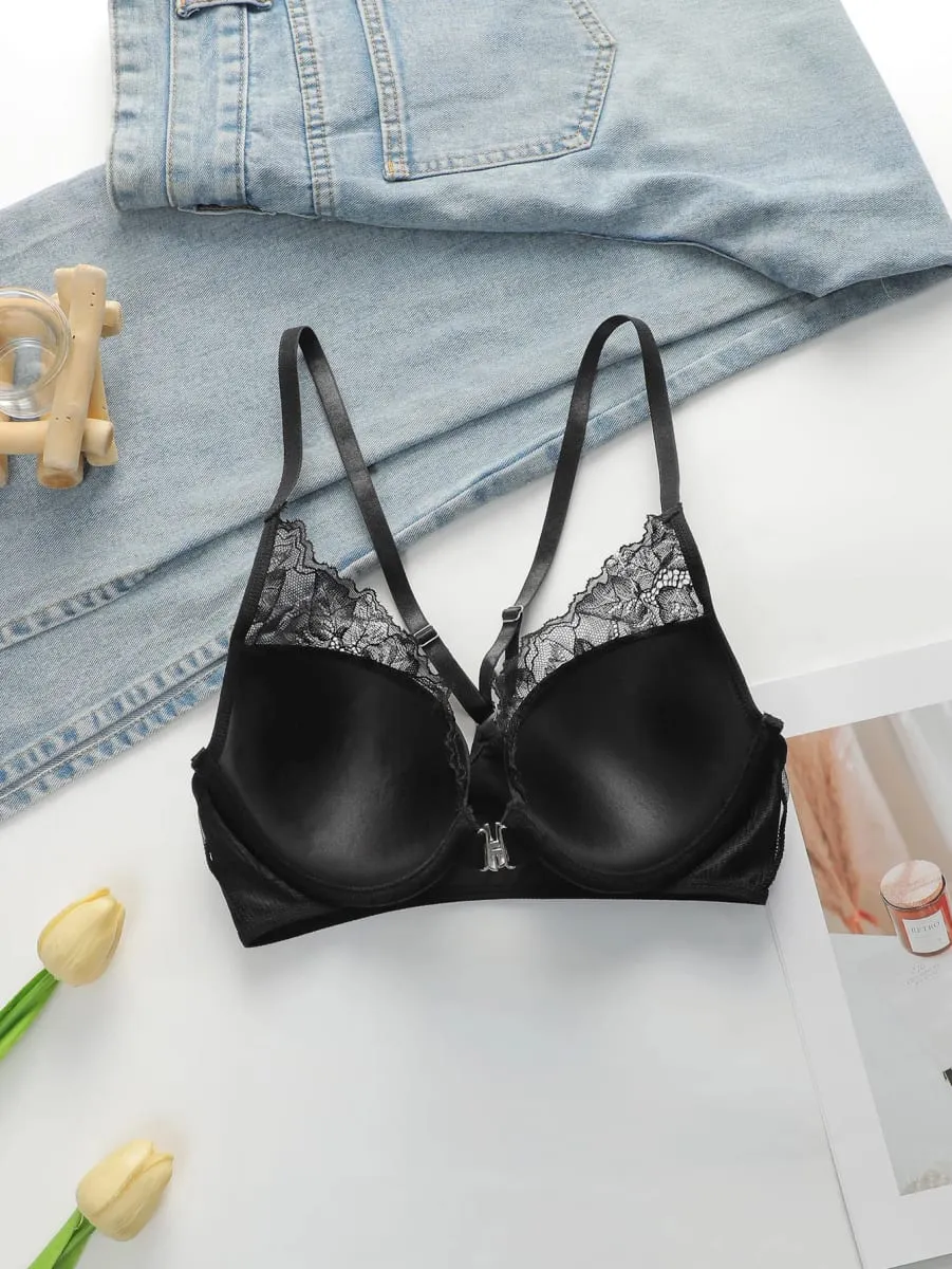 Ladies' Black Front Dutton Beautiful Back With Steel RingLlace Sexy Bra Underwear Thong Underwear Set J2509 — image 3