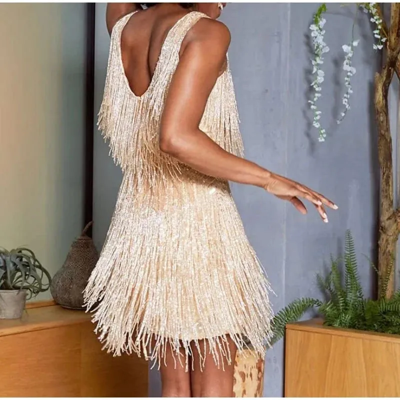 2025 New Sexy Tassel Sequins Feather Mini Dress Women Spaghetti Strap Stitching Dresses Female Elegant Evening Party Club Dress — image 5
