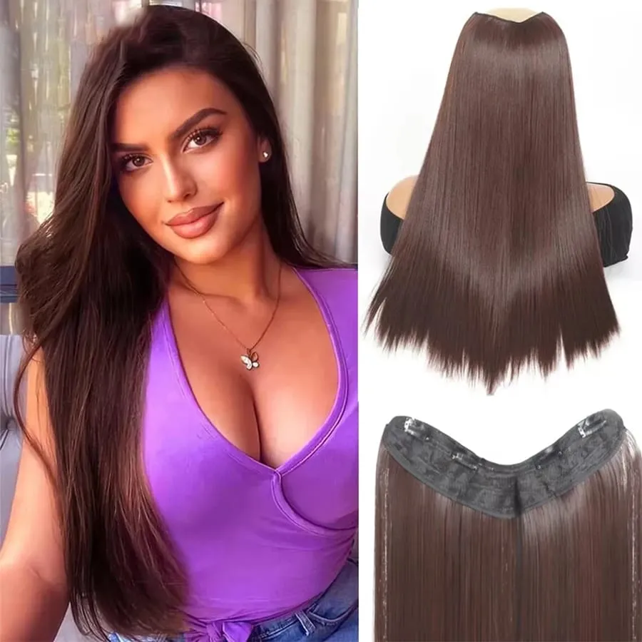 Synthetic Long Straight V-Shaped Half Head Wig Suitable for Women Black Brown Hair Clip Gold Black Brown Natural Wig