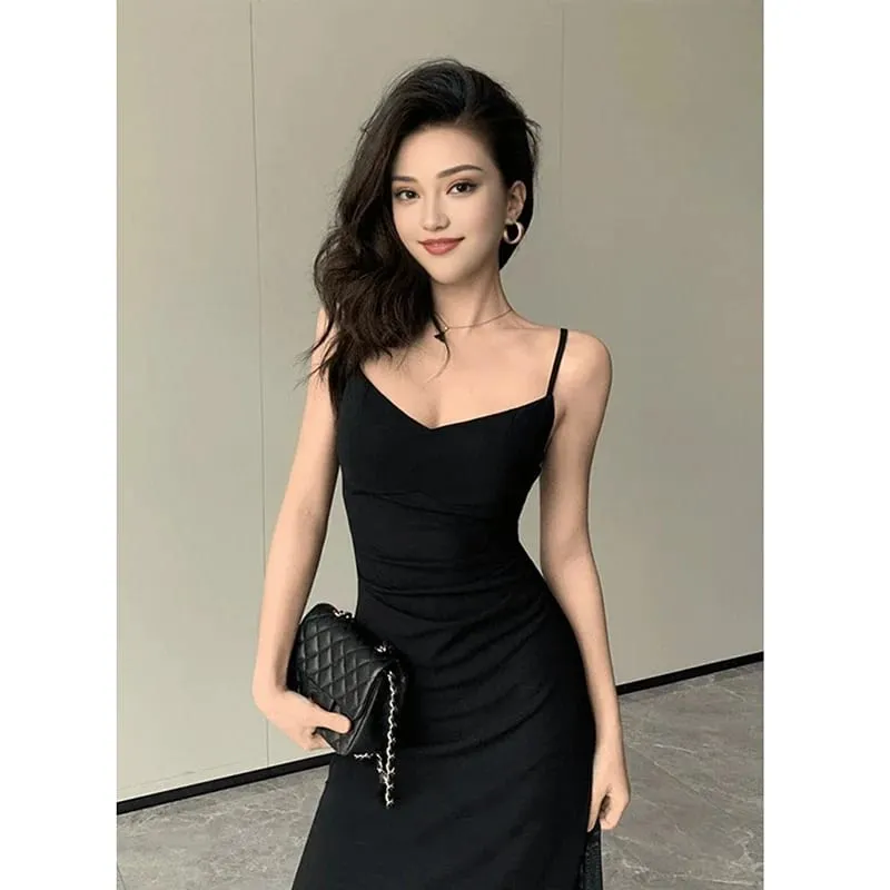 Korejské šaty s výstřihem do V pro ženy Sexy společenské šaty s upnutým pasem Žena Elegantní černé průsvitné midi šaty Novinka — image 3