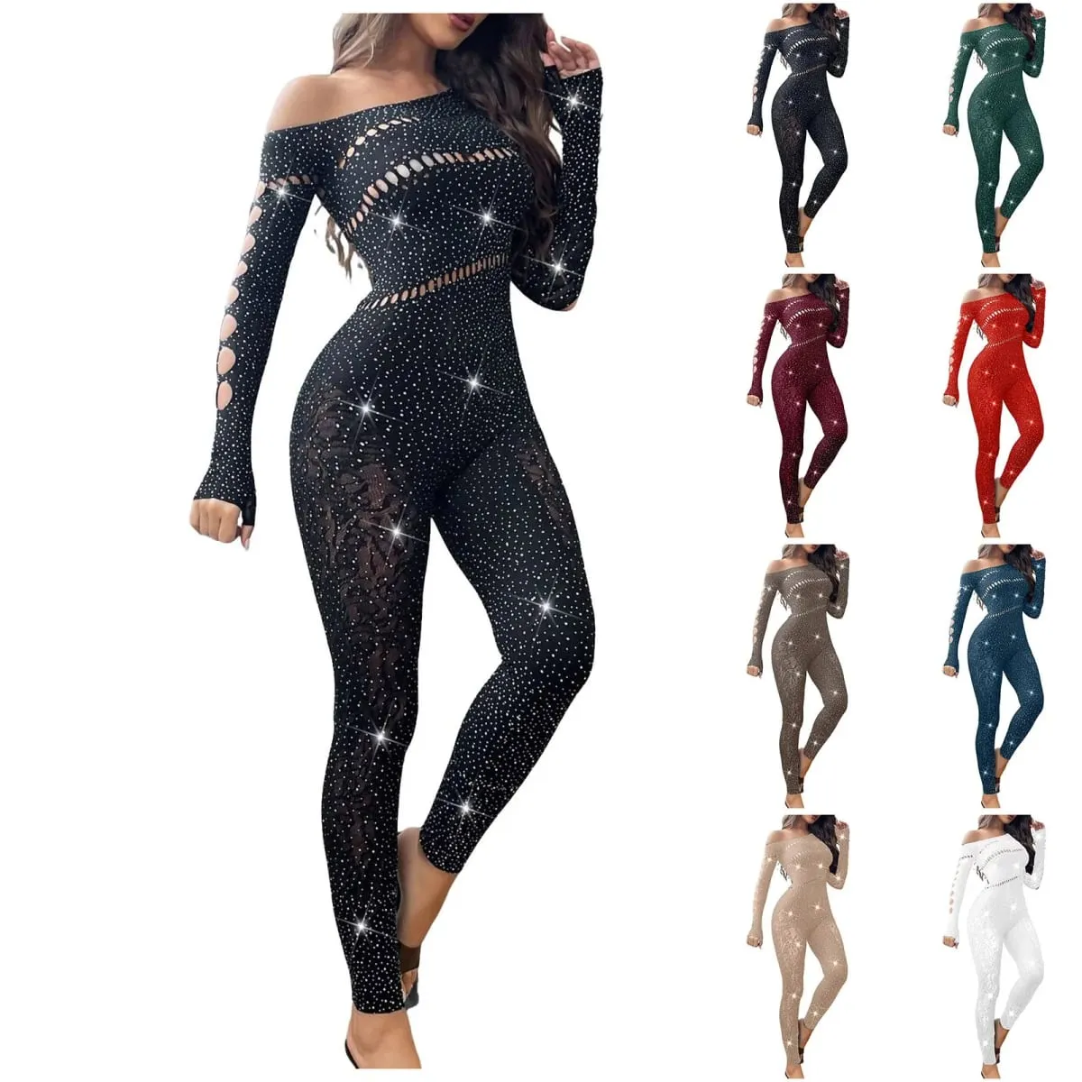 Combinaison Sexy en maille strass pour femmes, manches longues, transparente, bas de corps très extensibles, combinaison Club, grande taille, Stock Lingerie — image 4