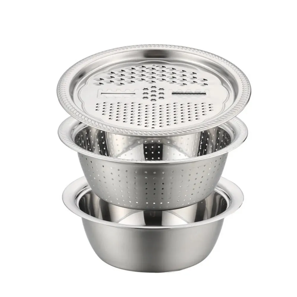 3pcs Stainless Steel Multi-Functional Kitchen Grater Set Draining Bowl with Vegetable Washing Mandoline Slicer for Potato — image 5