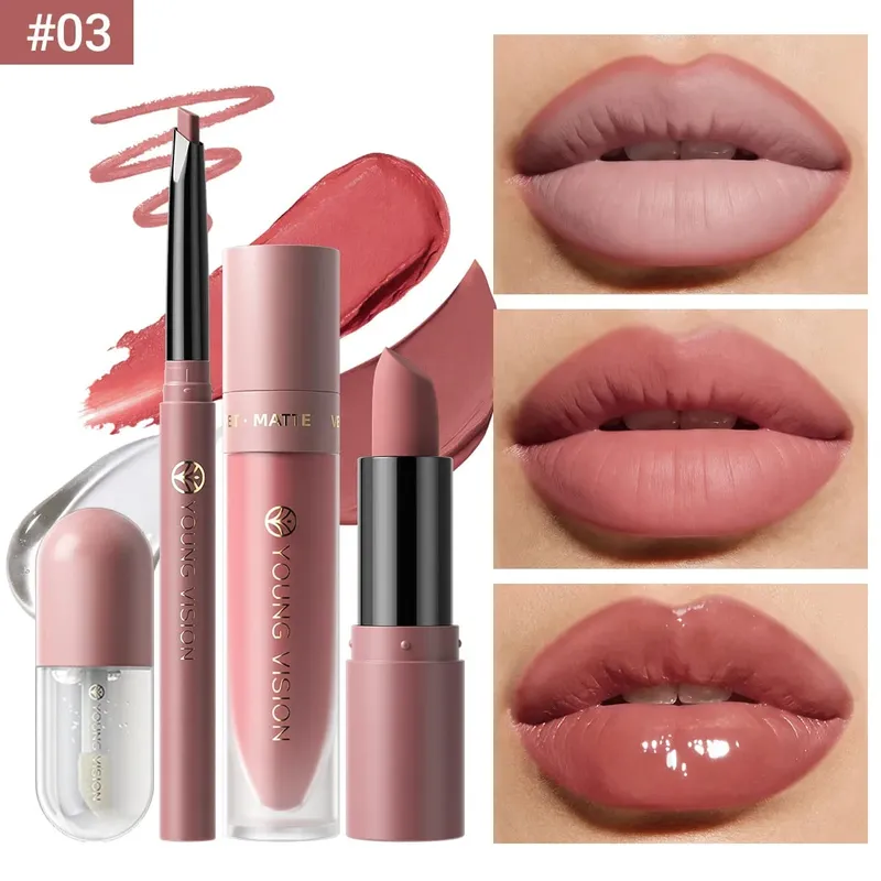 Set 4Pcs Lip Makeup Kit Liner Lipstick Liquid Lip Oil 8 Colors Optional Matte Velvet Lip for Daily Party Makeup — image 8