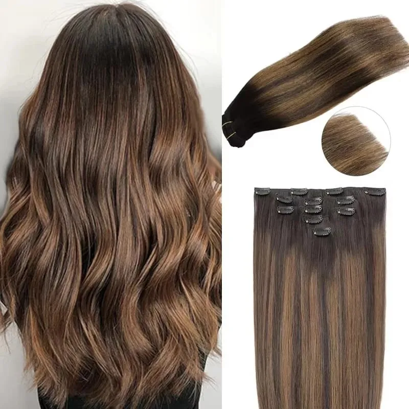 Sunmofavo Clip In Human Hair Extensions Straight Natural Light Brown Honey Ombre Balayage Black Hair Pieces For Women Full Head
