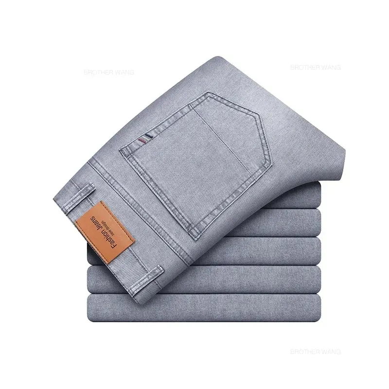 Summer Thin Men's Elastic Cotton Jeans Fashion Gray Comfortable Business Straight Casual Pants Brand Male Clothes Trousers — image 11