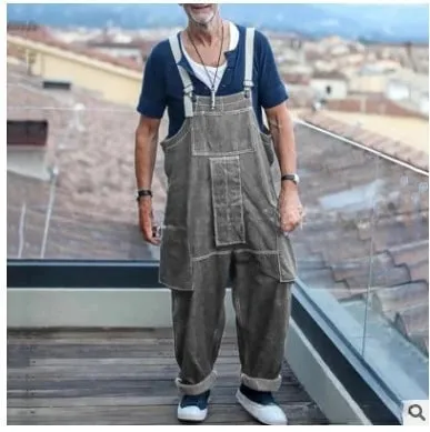 Streetwear Men Solid Color Multi Pockets Denim Overalls Loose Casual Washed Jumpsuit 2024 Male Suspenders Jeans Cargo Trousers — image 2