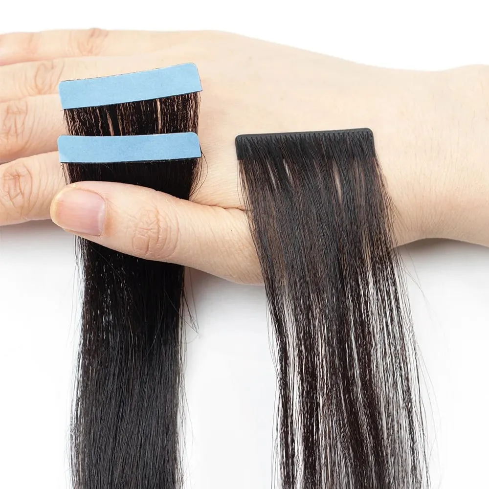 Light Yaki Straight Invisible Tape In Human Hair Extensions 12-20" PU Skin Weft Natural Black 100% Remy Hair Adhesive 20pcs/pack — image 4