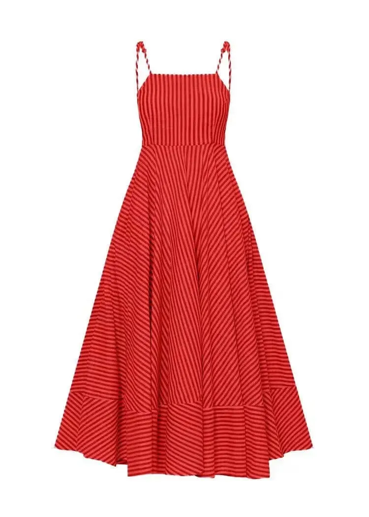 Women Dresses Camisole Dress Striped Basics Printing Boho Vestidos Loose Fit Summer 2024 Folds Pleated Spliced Ankle Length — image 2