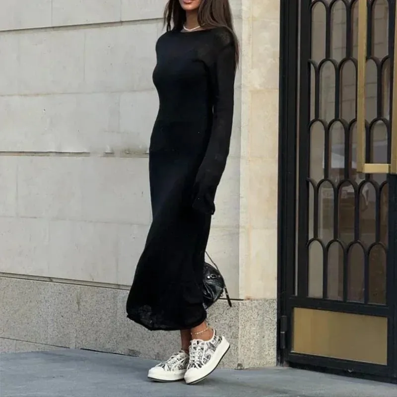 Spring Autumn O-Neck Elastic Knit Long Dresses Women 2024 Elegant Chic Soft Lady Hollowing Sweater Dresses Femme New — image 5