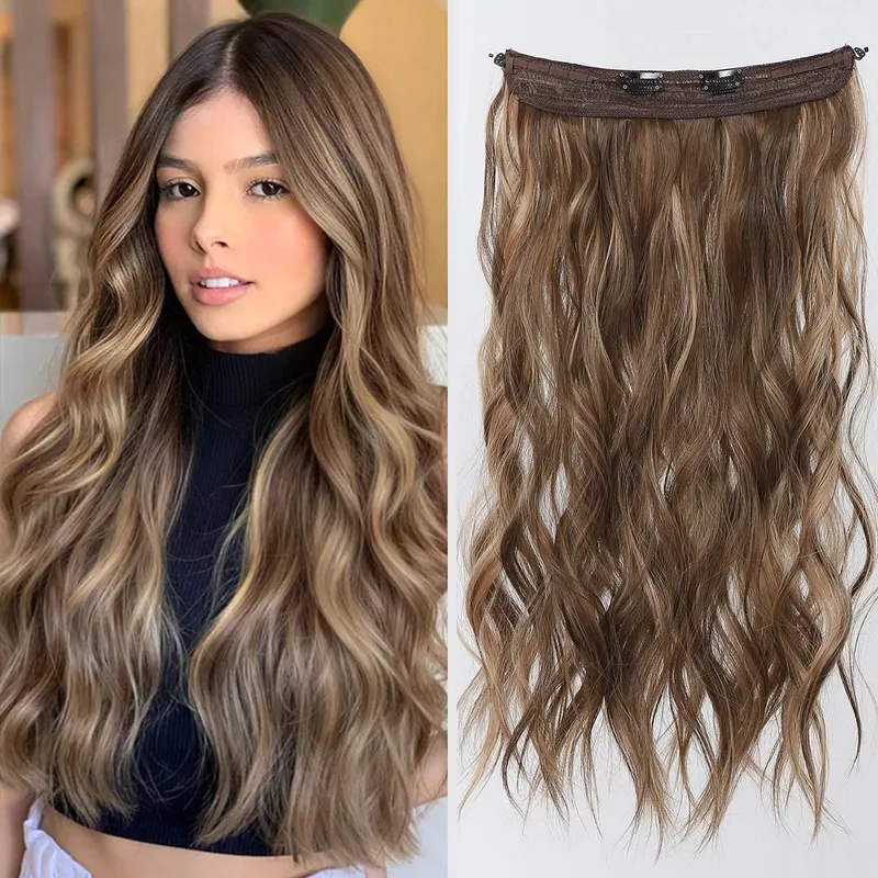 Invisible Wire Hair Extensions with Transparent Adjustable Size 2 Clips Long Wavy One Piece Hairpiece Golden Brown for Women