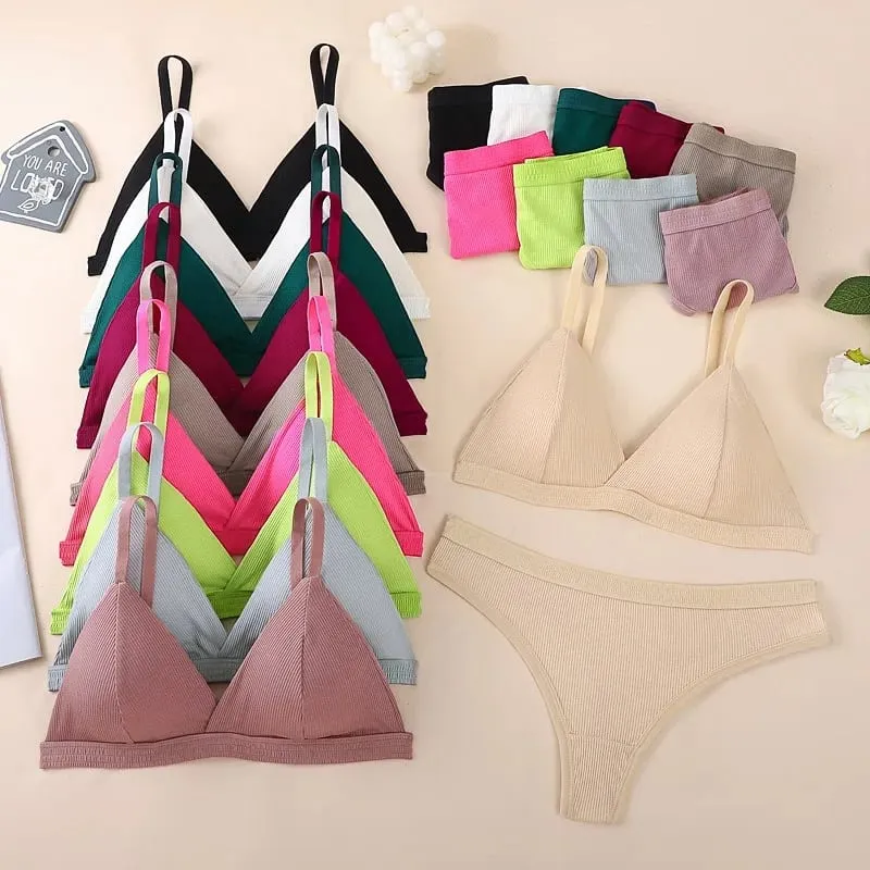 Seamless Bra and Panties Set Solid Color Bralette Thin Wireless Bras Low Waist Thong Sexy Lingerie Set Women's Underwear — image 1