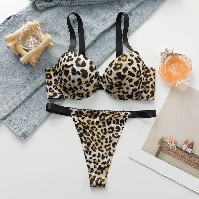 Sexy leopard print 2-piece set with gathered lifting and thickened steel support bra set for women's underwear B2051 — image 8