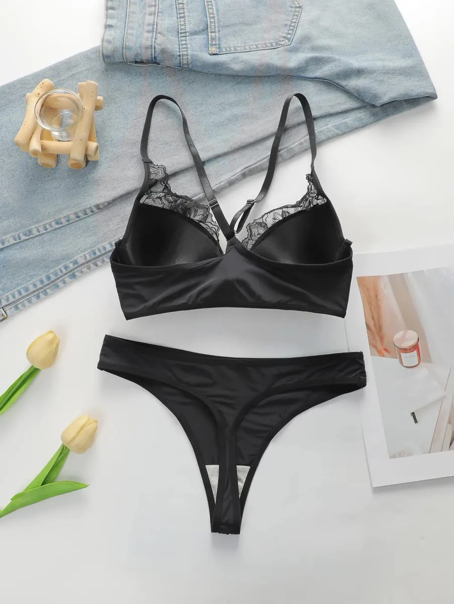 Ladies' Black Front Dutton Beautiful Back With Steel RingLlace Sexy Bra Underwear Thong Underwear Set J2509 — image 2