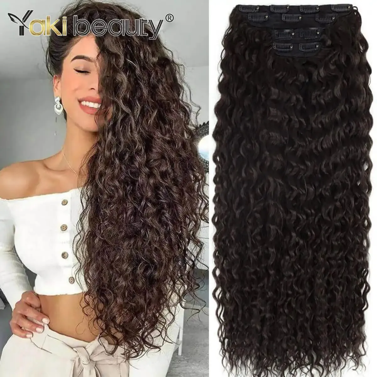 Synthetic Kinky Curly Clip-in Hair Extensions Super Long Water Wave Clip In Hair 160grams 4 Pcs Full Head Hair Pieces