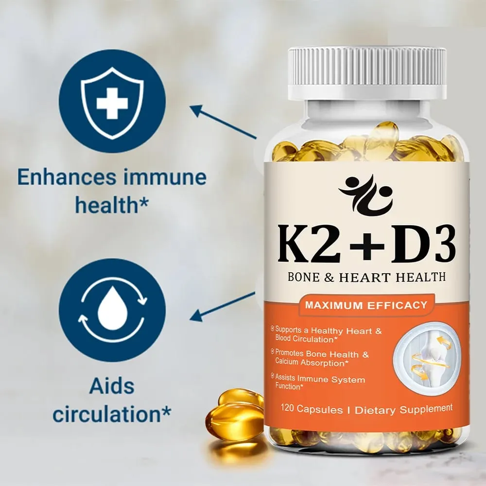 Vitamin D3 + K2-kapsler understøtter calciumabsorption Knogler og led Wellness Hjerte-kar-funktion og immunsystemets sundhed — image 5