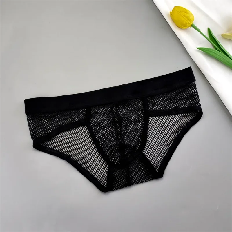 Hollow Out Fishnet Men's U Convex Briefs Breathable Mesh Low Waist Fully Transparent Underwear Perspective Lingerie — image 3