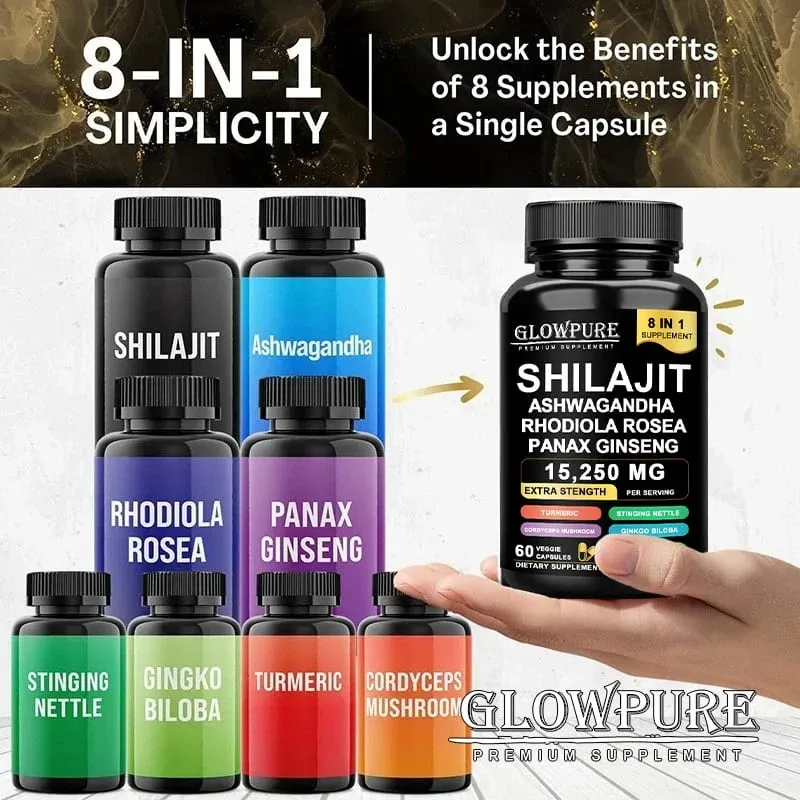 Shilajit Original Himalaya Supplements - 8 in 1 with Ginseng Ashwagandha for Brain Memory Concentration Energy Immune Health