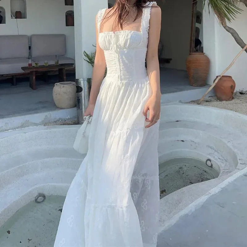 Y2K Simple Elegant Square-neck White Maxi Dress Summer Slim Lace Up Sleeveless Dreses French Party Beachwear Casual Vestidos — image 5